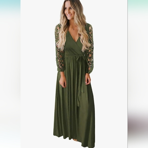 Women's Fall Floral Lace Long Sleeve Faux Wrap V Neck Maxi Dress-Navy Green - Picture 1 of 8